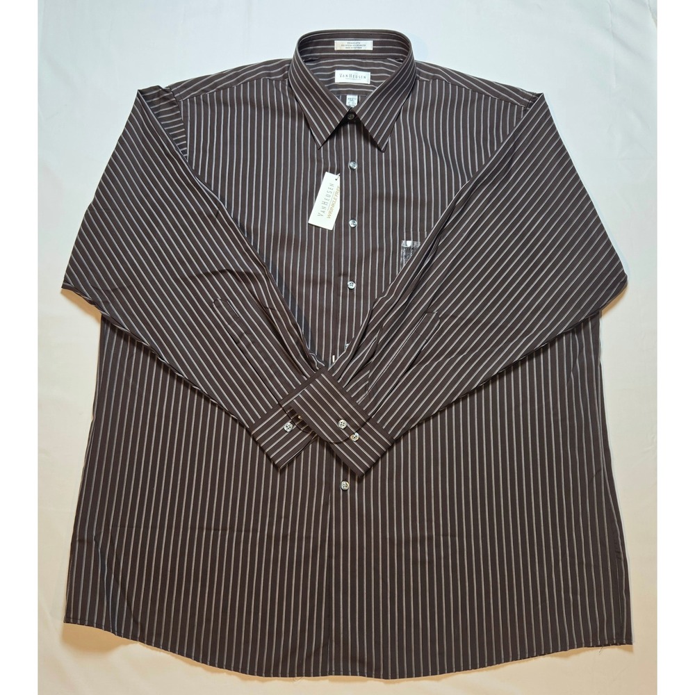 Van Heusen NWT Men's XL Brown and White Striped Wrinkle Free Dress Shirt